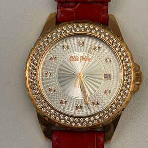 Folli Follie Red Leather Strap Gold Watch worn one time only.